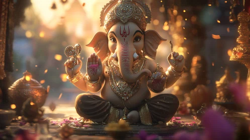 Radiant Ganesha idol rendered in ornate cinematic 3D lighting