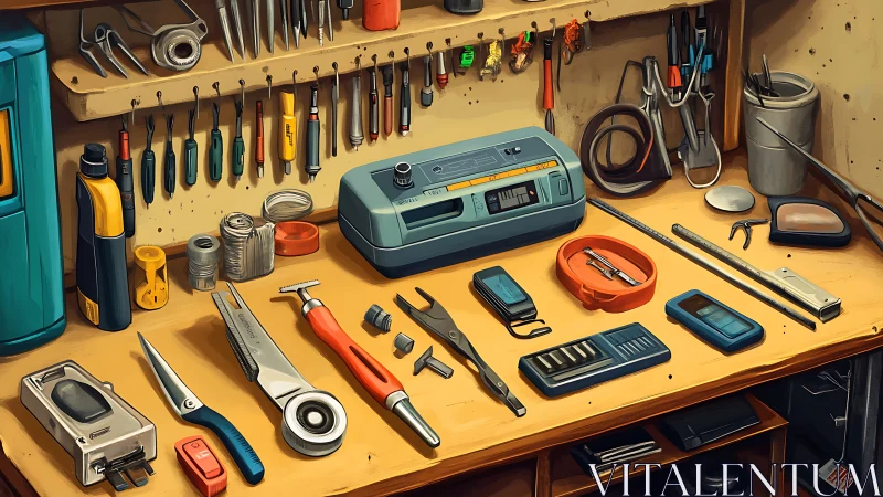 Orderly electronics workbench displays precision hand tools.