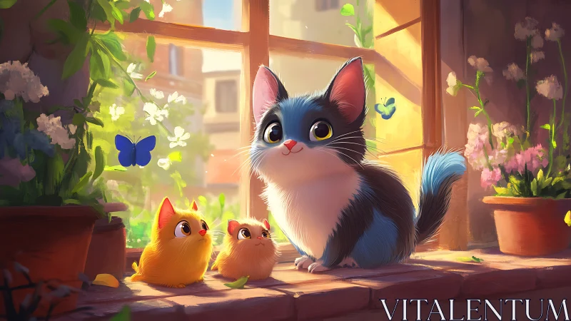 Sunlit Window Garden with Curious Kitten and Chicks.