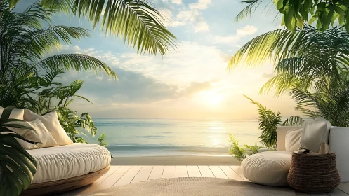 Sunlit tropical deck with cushioned loungers and balanced foliage