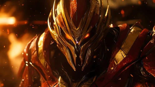 Infernal armored warlord with molten gold helmet glare.