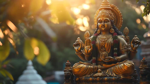 Golden Hindu goddess statue glows in warm temple sunlight