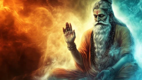 Digital sage in meditative posture amidst dual chromatic auras