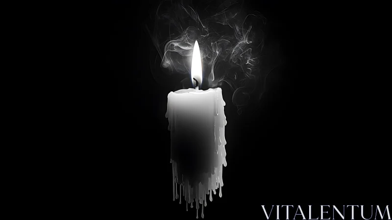 Solitary melting candle whispering smoke into darkness.