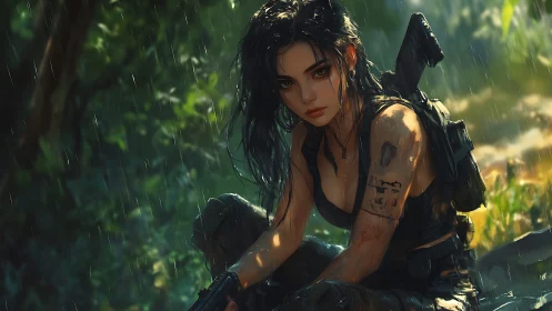 Rain-soaked tactical heroine rendered in high-detail digital art