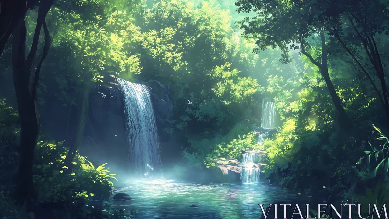 Luminous Waterfall Sanctuary: Where Emerald Canopy Meets Turquoise Depths.