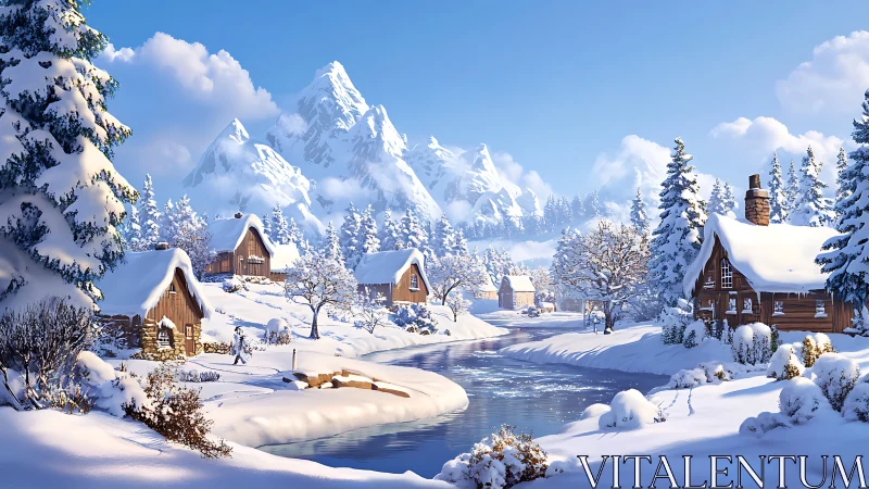 Snow-draped cabins trade whispers with the glittering river