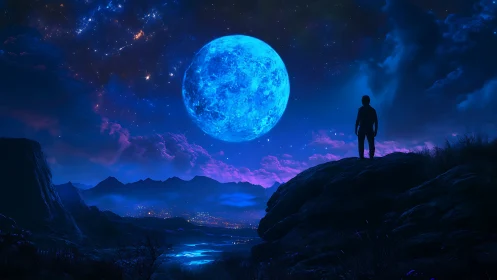 Silhouetted observer under oversized cyan lunar sphere at dusk.