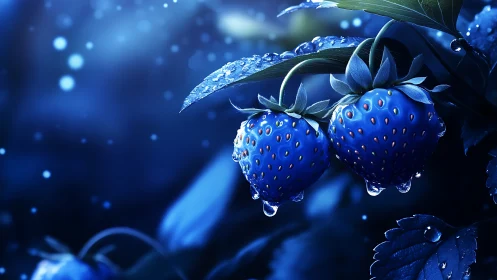 Luminous blue strawberries in nocturnal macro digital study.