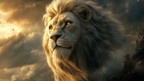Majestic white lion portrait in dramatic storm light.