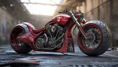 Custom red motorcycle in industrial warehouse environment.