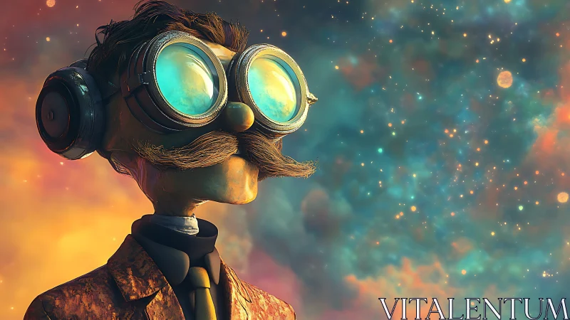 Surreal steampunk dreamer studies luminescent cosmic sky.