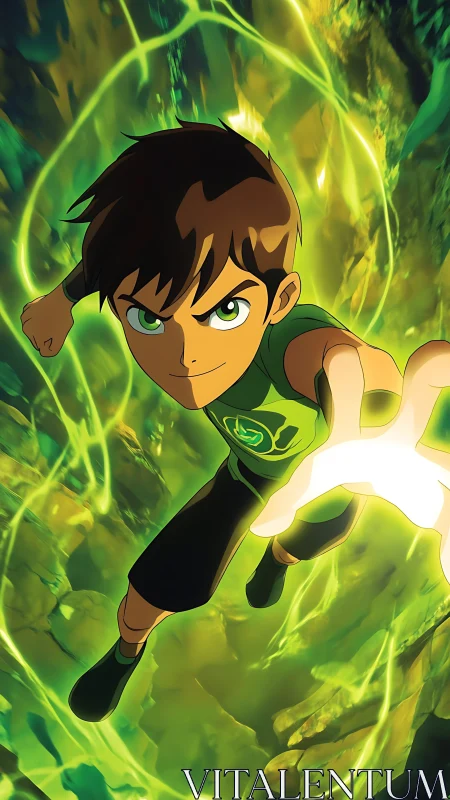 Dynamic green-clad boy charging energy burst in vortex field