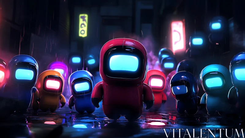 Neon-lit chibi astronauts march through wet cyberpunk alleyway
