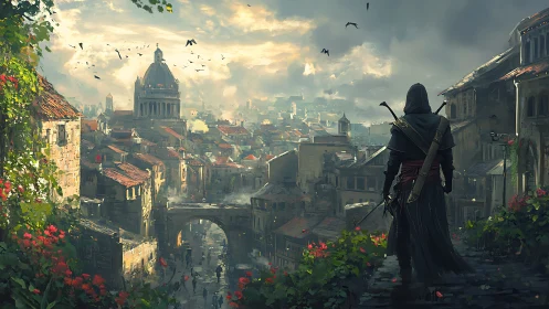 Hooded wanderer watching a stormlit fantasy city below.