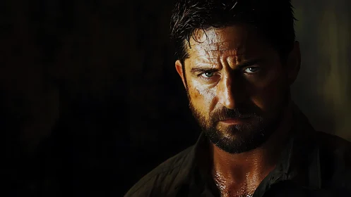 Male subject portrait uses strong directional low key lighting