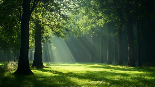 Sunlight streaming through lush green forest in tranquil morning scene.