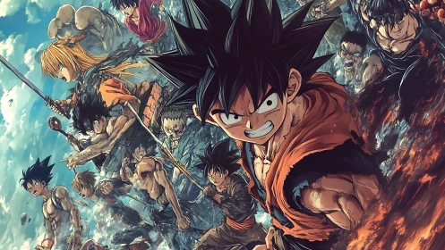 Anime warriors surge forward in a fiery, chaotic battle scene.