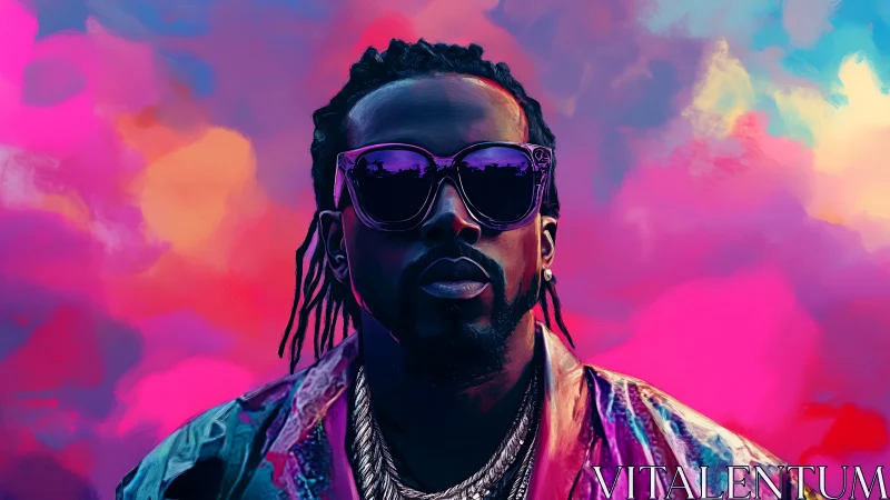 Vibrant digital portrait of man in neon sunglasses.