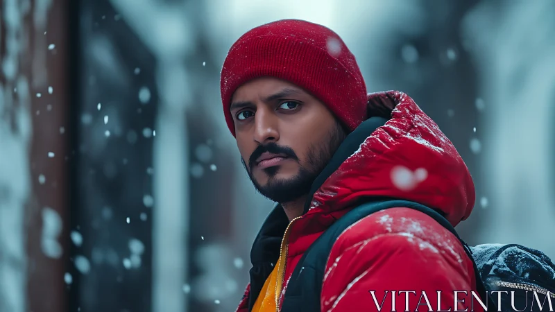 Man in red winter jacket walking through quiet snowfall.