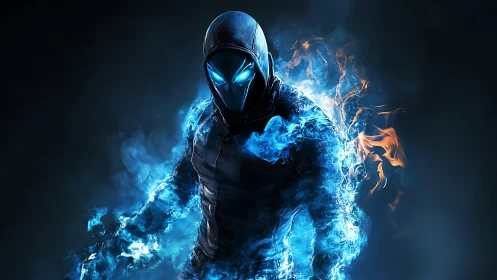 Hooded elemental warrior strides through swirling blue fire