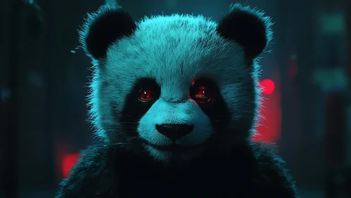 Neon alley panda cyborg gazing with quiet electric mischief.