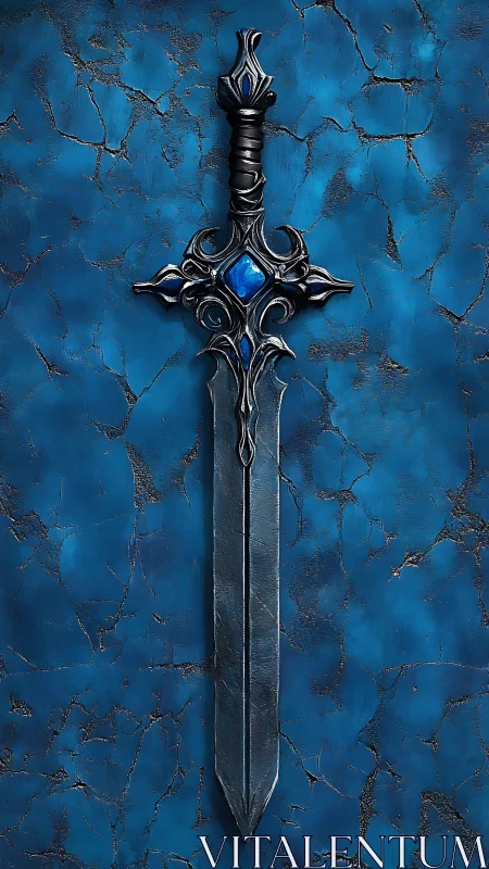 Ornate steel sword with blue inlays on cracked blue wall.