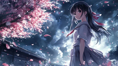 Twilight sakura breeze around a quiet, wondering schoolgirl.