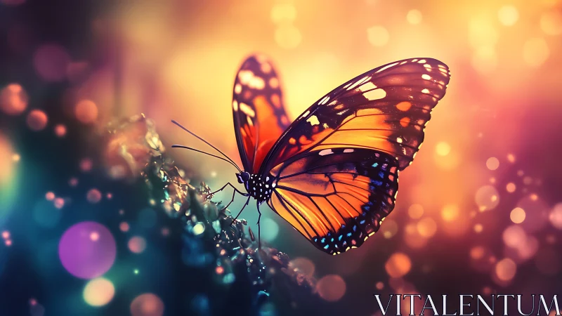 Chromatic bokeh field with macro-rendered monarch butterfly.