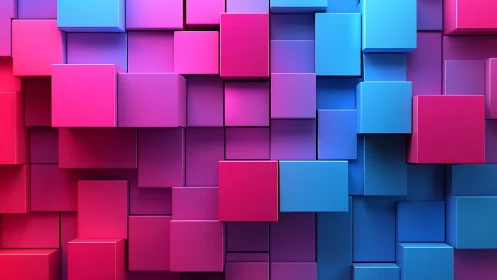 Vibrant magenta and cyan cubes construct a layered 3D grid