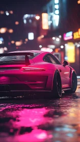 Neon-lit sports coupe reflects saturated bokeh in wet urban street