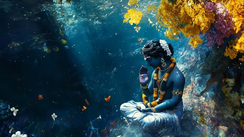 Blue-skinned deity meditates in luminous underwater grove
