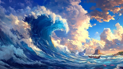 Large ocean wave approaching small wooden boats near coast.