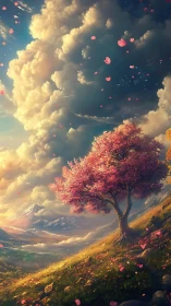 Blossoming sakura tree overlooks sunlit valley and mountains