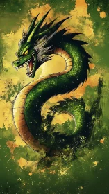 Emerald serpentine dragon coiled over splattered green void.
