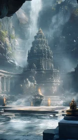 Ancient stone temple rises beneath misted canyon falls.