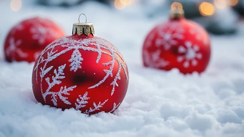 Crimson snow globe baubles rest like tiny winter planets