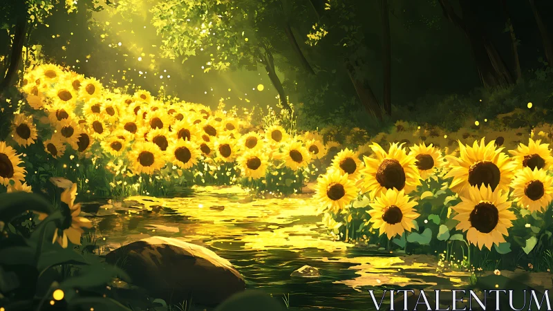 Sunlit sunflower stream winding through tranquil forest.