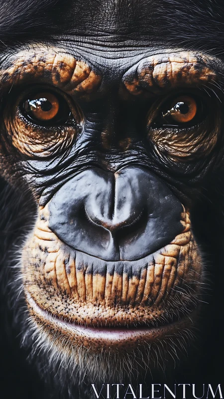 Close chimpanzee facial portrait with detailed skin texture.
