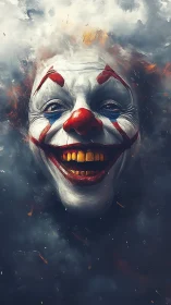 Sinister cloudborn clown grins through swirling storm haze.