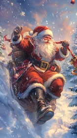 Santa rides wooden sleigh down glowing snowy hillside