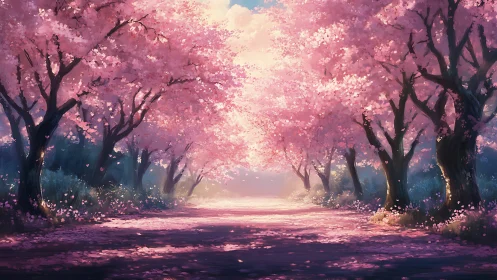 Sunlit cherry blossom avenue in soft pastel bloom.