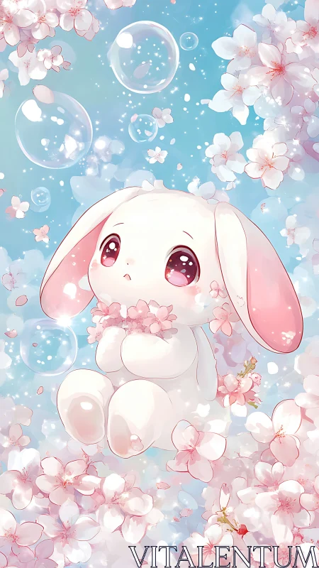 Soft cherry blossom bunny drifting in dreamy spring sky.