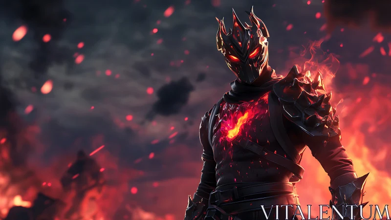 Digital painting of infernal armored warrior in burning battleground.