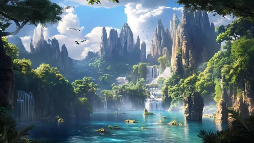 Misty emerald cliffs rise above cascading waterfalls and lagoons