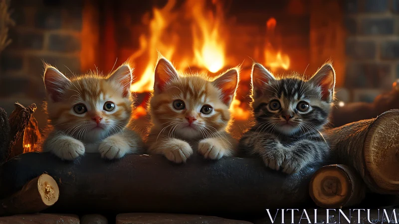 Three Kittens Cozy by the Crackling Fireplace.