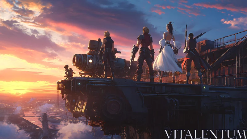 Heroic squad surveys futuristic city over glowing sunset