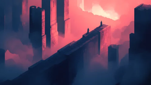 Monolithic stairway cuts through volumetric fog toward distant void