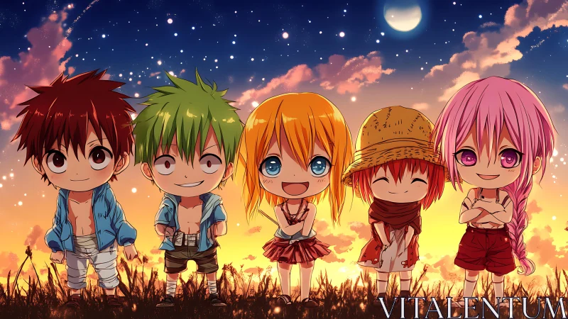 Starlit chibi crew grinning through a cotton candy dusk.