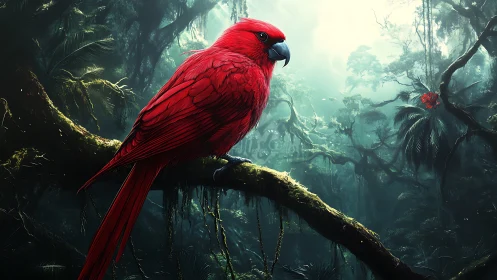 Red parrot on mossy branch in dense rainforest environment.